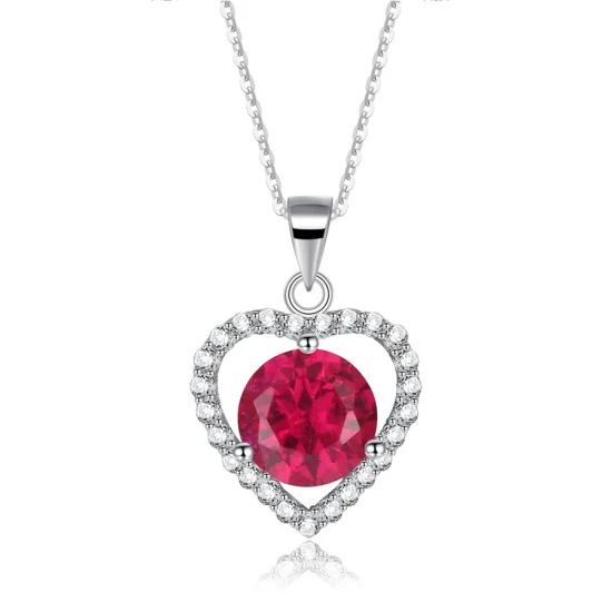 Joyería de plata auténtica 925, exquisito colgante de corazón de piedra rubí para mujer, cumpleaños/aniversario
